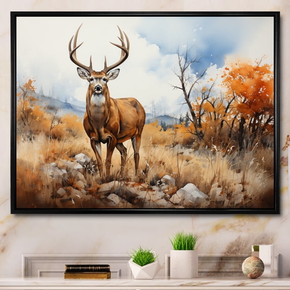 Designart "Serene Moments with a Golden Deer" Animals Floater Framed Wall Art Living Room