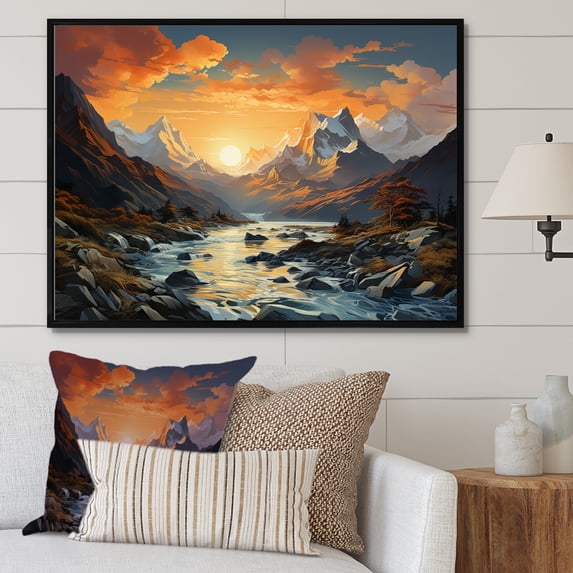 Designart "Serene Mountain Sunset" Landscape Mountains Floater Framed Canvas Prints