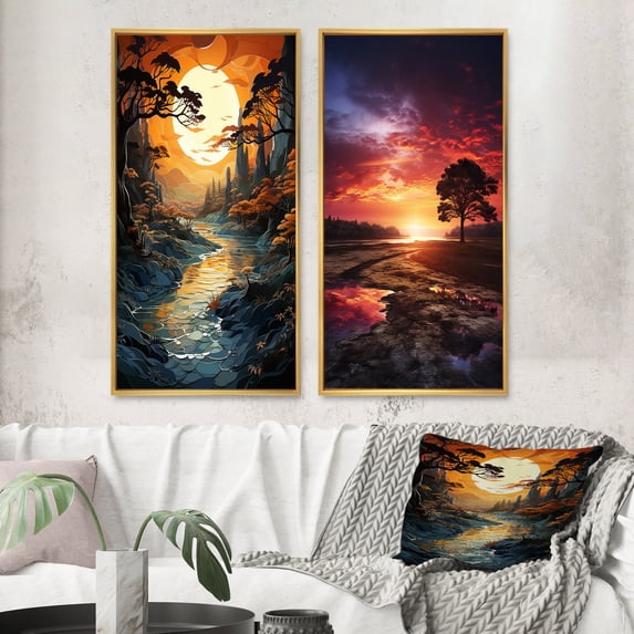 Designart "Serene Papercut Captured Sunrise" Sunrisesunset Framed Wall Art Set Of 2 - Yellow Landscapes Gallery Wall Frame Set For Home Decor
