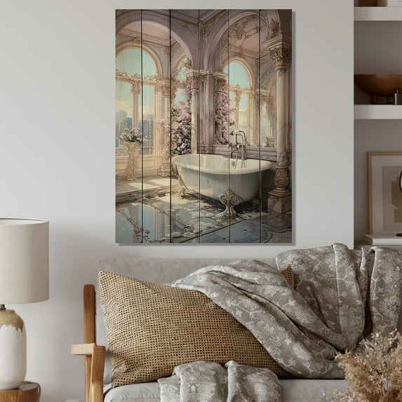 Designart "Serene Pastels in the Bathroom II" Bathroom Print on Natural Pine Wood