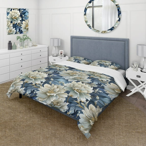 Designart "Serene Peony Damask I" Blue Floral Bedding Covert Set - Cottage Bed Set With 2 Shams