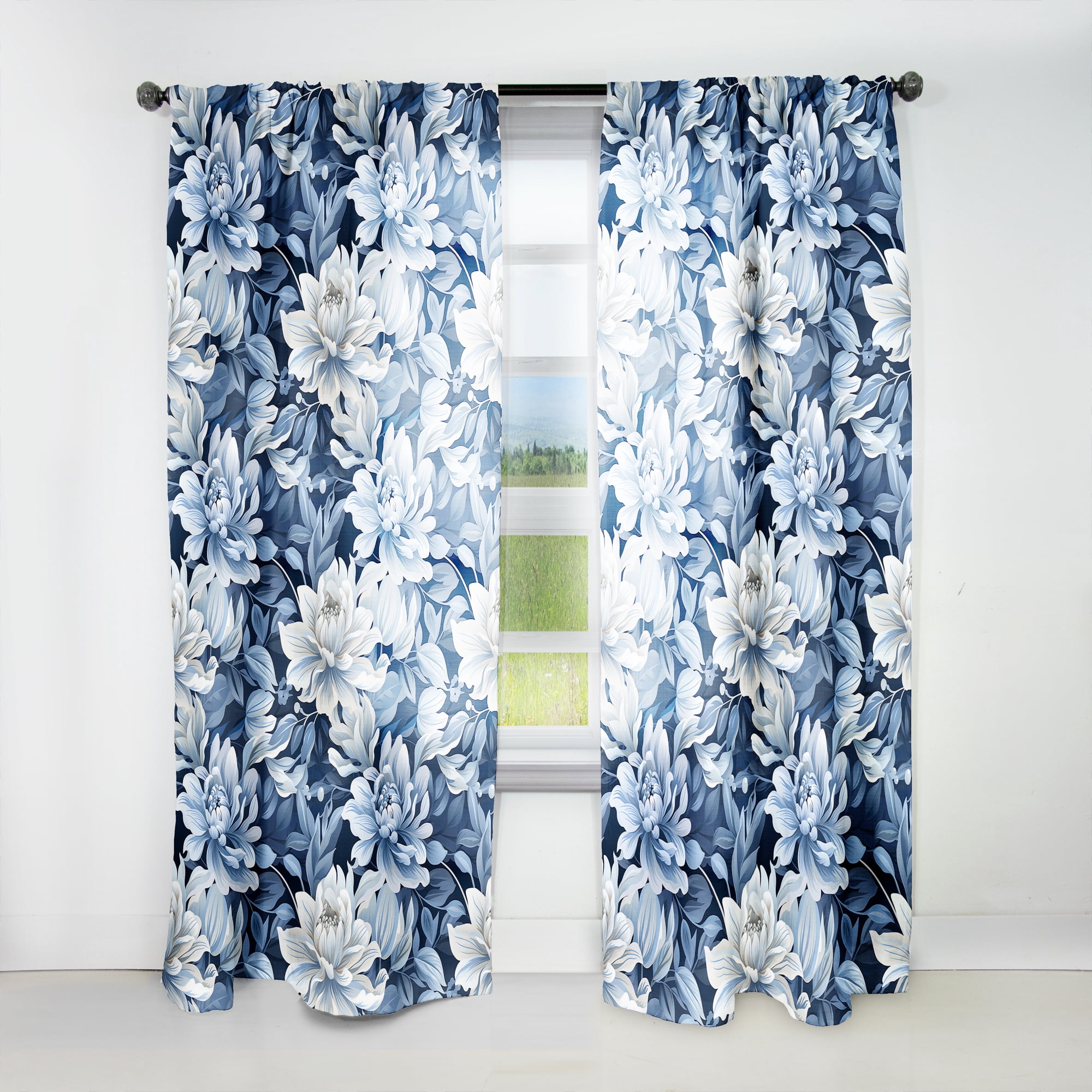 Designart "Serene Peony Damask IV" Peonies Blue, White Curtain 1 Panel