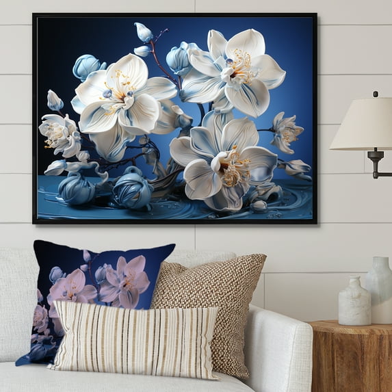 Designart "Serene Petals Of White And Blue Orchids" Orchids Floater Framed Canvas Art Print