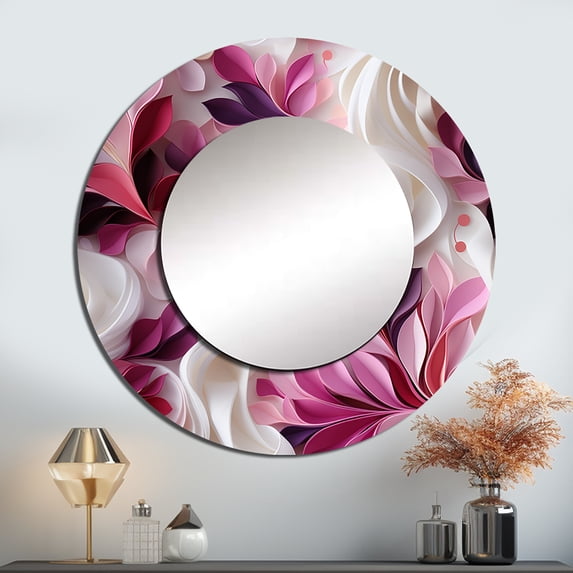 Designart "Serene Pink And White Abstract Waves" Abstract Rund Mirror For Wall Decor - Large Pink Round Printed Mirror -Modern Round Living Room Mirror - 23" x 23"