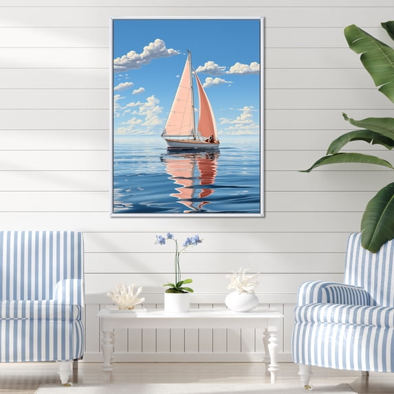 Designart "Serene Seashore Simplistic Sailboat Image II" Coastal Floater Framed Canvas Wall Art