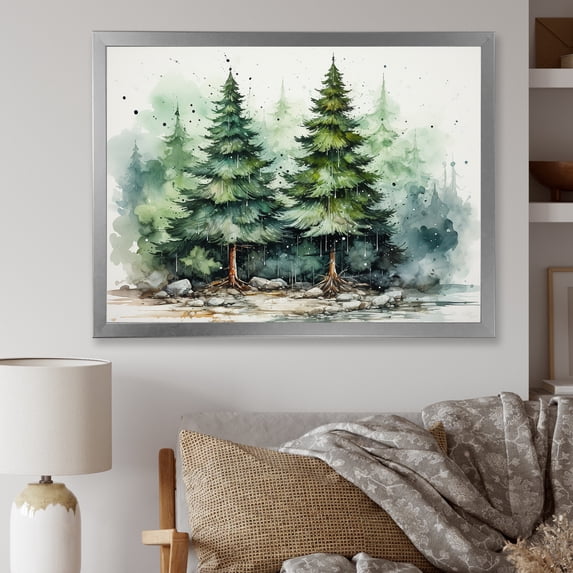 Designart "Serene Simplicity Minimalist Pine Forest II" Floral Framed Wall Art Decor - Traditional Green Tree Pine Hallway Framed Wall Art Decor