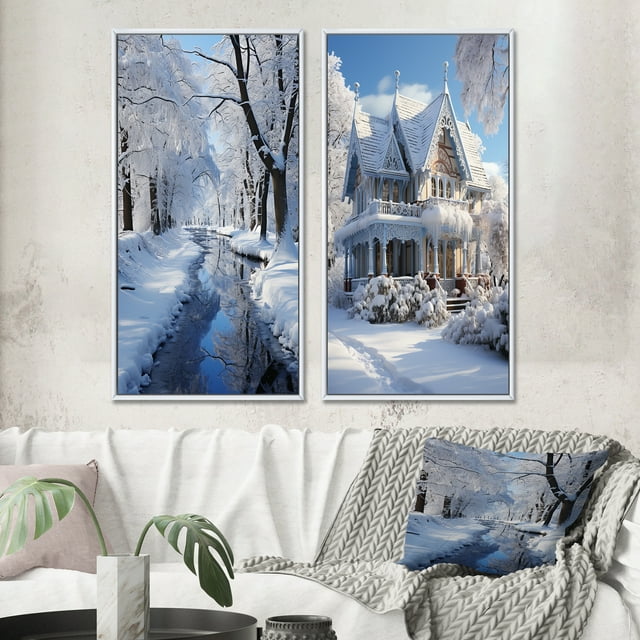 Designart "Serene Snowy Winter II" Winter Landscape Framed Wall Art Set Of 2 - White Landscapes Framed Canvas Set For Living Room Decor