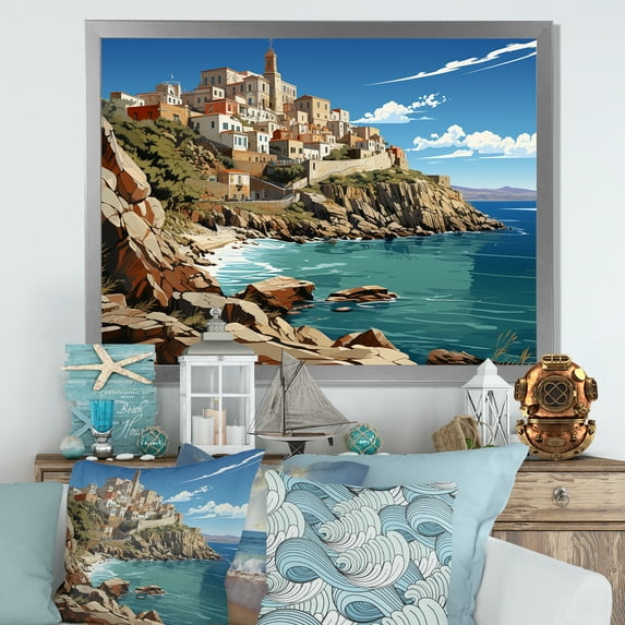 Designart "Serene Syros Landscape I" Coastal Framed Wall Art Decor - Coastal Blue Coastal Port Bedroom Framed Canvas Wall Art