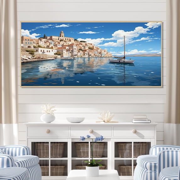 Designart "Serene Syros Landscape III" Extra Large Coastal Framed Wall Art - Coastal Blue Coastal Port Bedroom Framed Canvas Wall Art