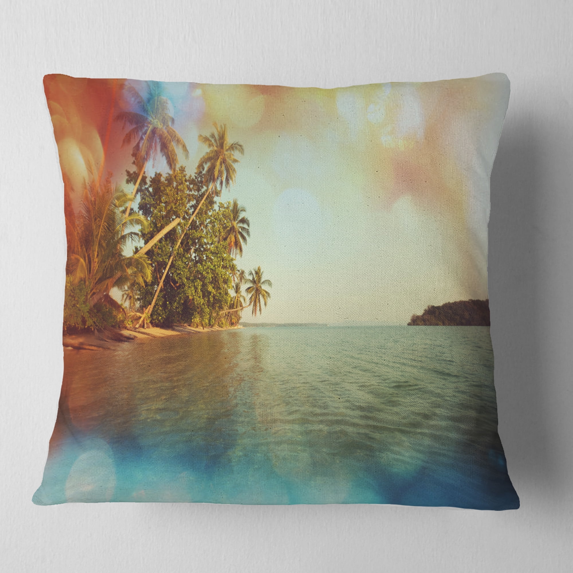 Designart Serene Tropical Beach with Palms - Seashore Throw Pillow - 18x18
