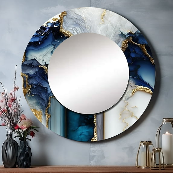 Designart "Serene White and Blue Geode Marble I" Marble Abstract Rund Mirror For Wall Decor - Large Blue Round Print Mirror - Round Modern Mirror - Wall Mounted Round Large Mirror - 29" x 29"