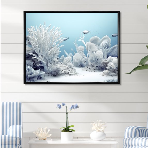 Designart "Serene White Corals By The Coast" Coastal Coral Under Water Floater Framed Wall Art Prints