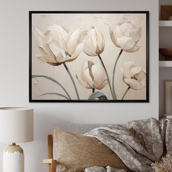 Designart "Serene White Tulip Ensemble II" Tulips Floater Framed Wall Art Prints