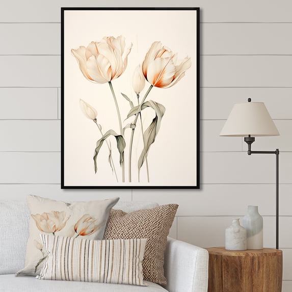 Designart "Serene White Tulip Ensemble IV" Tulips Floater Framed Wall Art Living Room