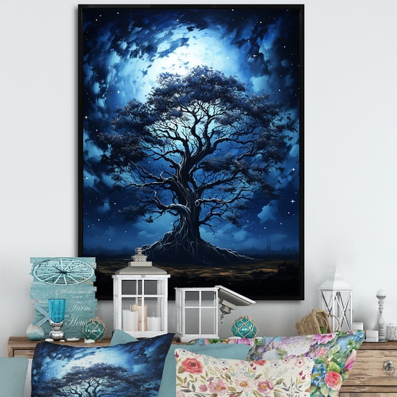 Designart "Serengeti's Blue African Tree II" Floral Framed Wall Art - Global Blue Tree African Hallway Framed Wall Art Decor