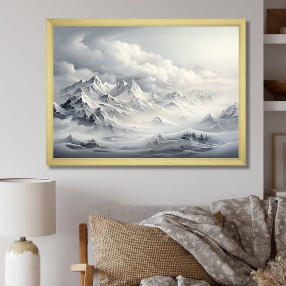 Designart "Serenity Amidst Snowy Peaks III" Landscapes Framed Wall Art Decor - Traditional White Mountains Winter Hallway Framed Wall Art Decor