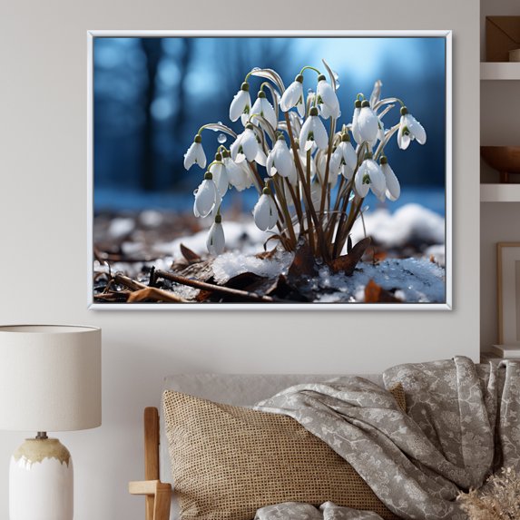 Designart "Serenity Among Snowdrops in the Snow I" Floral Floater Framed Canvas Wall Art