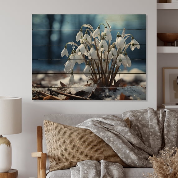 Designart "Serenity Among Snowdrops in the Snow I" Floral Print on Natural Pine Wood