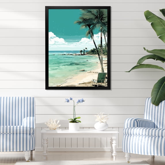 Designart "Serenity Chair by the Beach Island Relaxation" Coastal Framed Wall Art - Coastal Green Coastal Tropical Living Room Framed Canvas Art