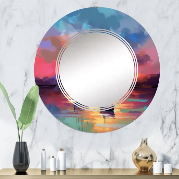 Designart "Serenity in the Harbor II" Coastal Round Wall Mirror - Nautical & Coastal Oval Printed Decorative Oversized Mirror - Multiple Color Options