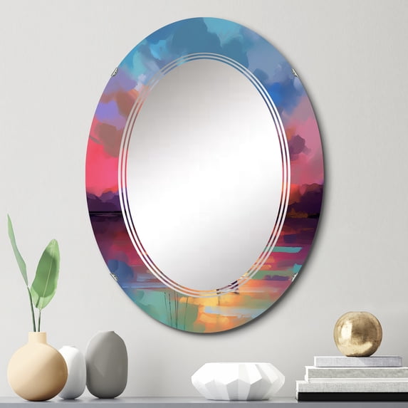 Designart "Serenity in the Harbor II" Coastal Round Wall Mirror - Nautical & Coastal Oval Printed Decorative Oversized Mirror - Multiple Color Options