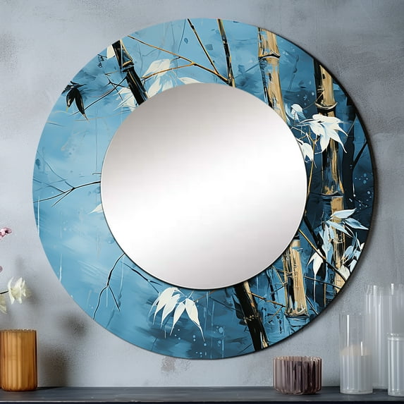 Designart "Serenity In A Forest Of Blue Bamboo" Bamboo Rund Mirror For Wall Decor - Large Blue Round Printed Mirror -Traditional Round Living Room Mirror - 36" x 36"