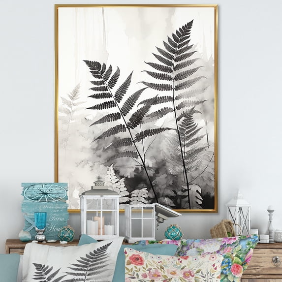 Designart "Serenity In Black Ferns" Ferns Floater Framed Wall Art Living Room