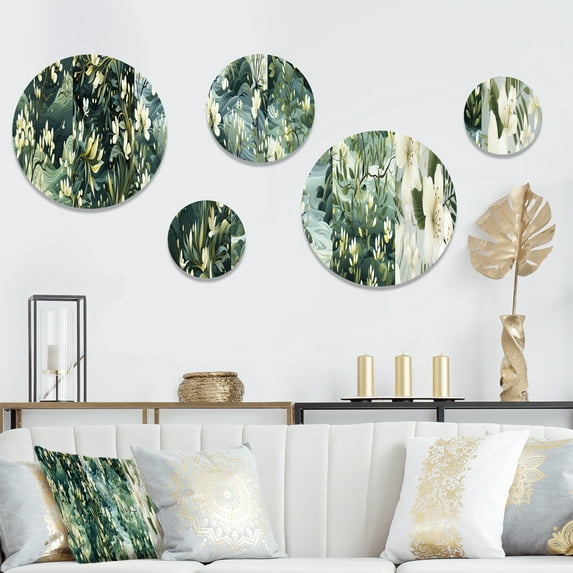 Designart "Serenity Of The Mangrove Forest" Floral Round Wall Art Set Of 5 - Green Tropical For Bedroom Wall Art Set