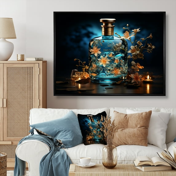 Designart "Serenity: Soma'S Sapphire Flower Perfume Bottle" Hinduism Floater Framed Canvas Prints