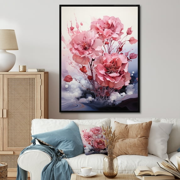 Designart "Serenity in Flowers Pink Minimalist Beauty II" Abstract Botanicals Floater Framed Canvas Art Print