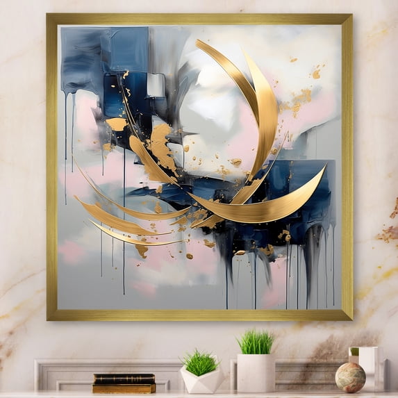 Designart "Serenity in Golden Blue Abstract Whirls I" Abstract Framed Wall Art Decor - Modern Gold Abstract Fractal Bedroom Framed Canvas Wall Art