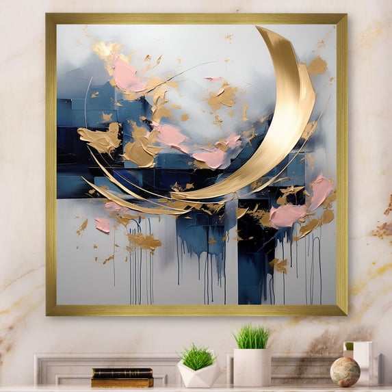 Designart "Serenity in Golden Blue Abstract Whirls IV" Abstract Framed Wall Art Decor - Modern Gold Abstract Fractal Hallway Framed Wall Art Decor