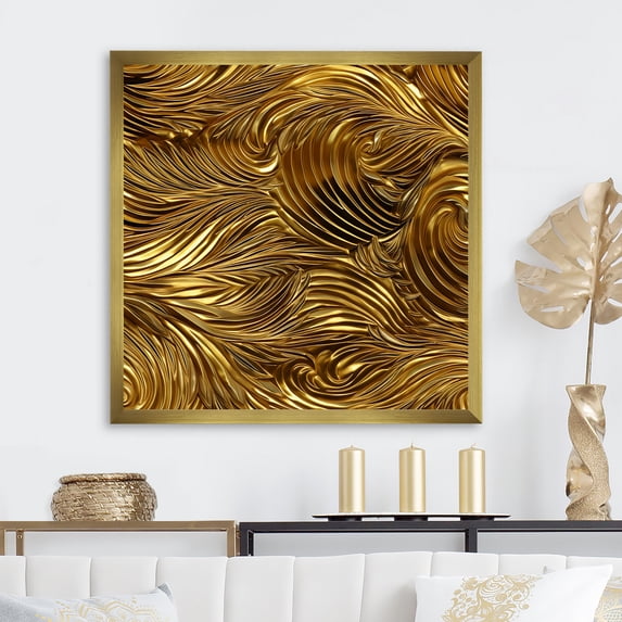 Designart "Serenity in Golden Feathers III" Animals Framed Wall Art Decor - Modern Gold Feathers Living Room Framed Canvas Art
