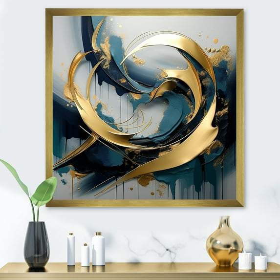 Designart "Serenity in Golden Grey Abstract Fractals II" Abstract Framed Wall Art Decor - Modern Gold Abstract Fractal Living Room Framed Canvas Art