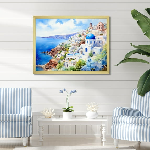 Designart "Serenity in Santorini Coastal Village I" Landscapes Framed Wall Art Decor - Country White Greece Hallway Framed Wall Art Decor