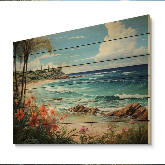 Designart "Serenity in Tropical Blues III" Nautical & Beach Print on Natural Pine Wood