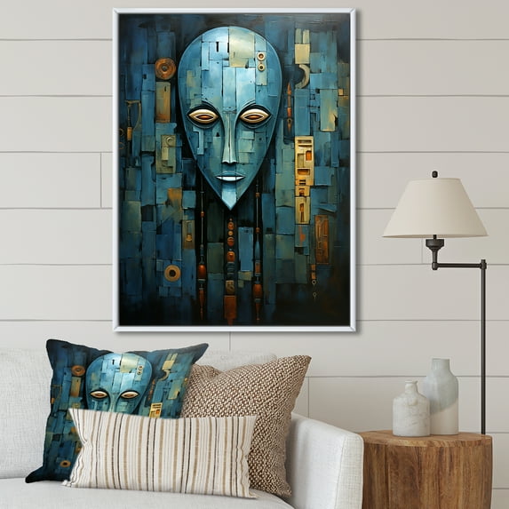 Designart "Serenity of Blue African Mask" People Framed Wall Art - Global Blue African Mask Living Room Framed Canvas Art