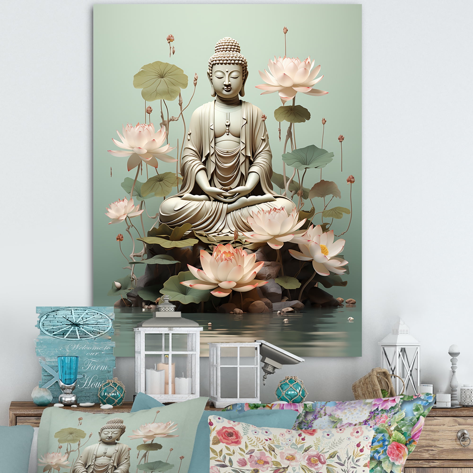 Serene Green and White Buddha Canvas Wall Art