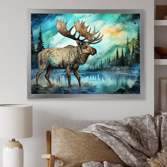 Designart "Serenity of Moose at Morning Lake" Animals Framed Wall Art Decor - Modern Blue Moose Entryway Framed Wall Art