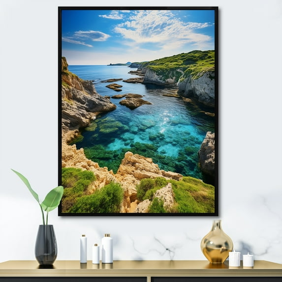 Designart "Serenity on Menorcas Coastal Shores, Spain" Nautical & Beach Floater Framed Wall Decor