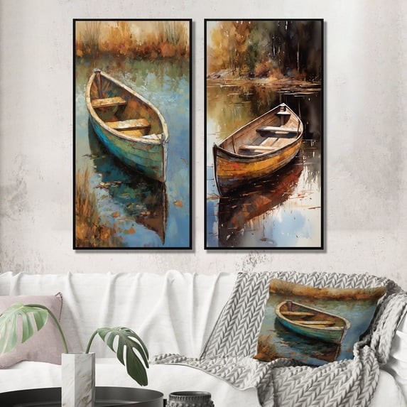 Designart "Serenity on the Lake Dinghy Resting I" Lakehouse Framed Wall Art Set Of 2 - Lake House Blue Framed Canvas Set For Living Room Decor