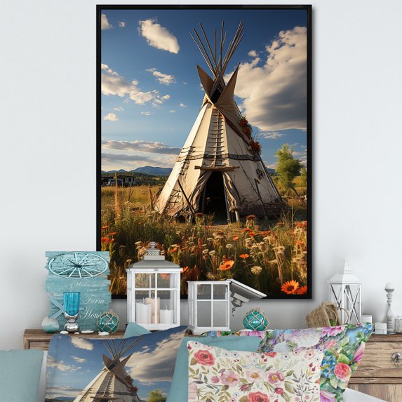 Designart "Serenity s Refuge Coral and Beige Native Tipi" Floral Floater Framed Wall Art Living Room