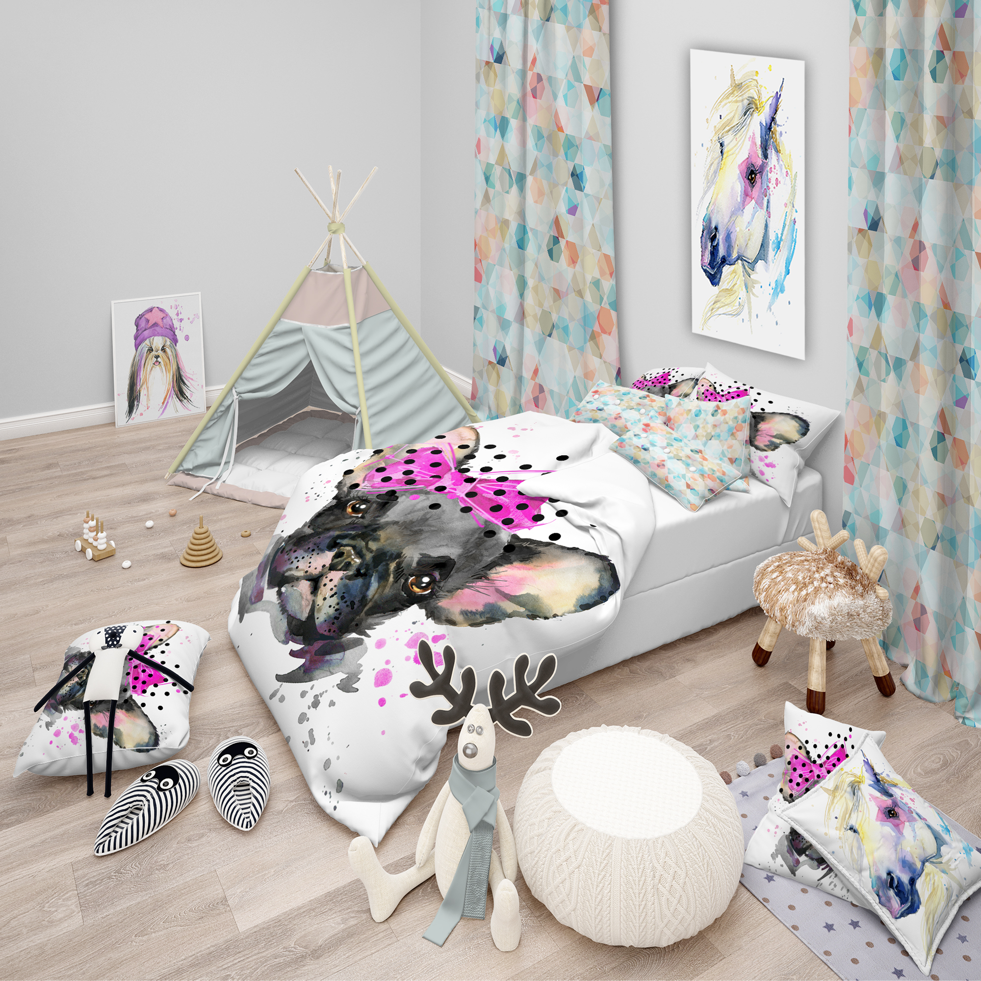 Designart 'Serious French Bulldog Watercolor' Modern & Contemporary Duvet Cover Set