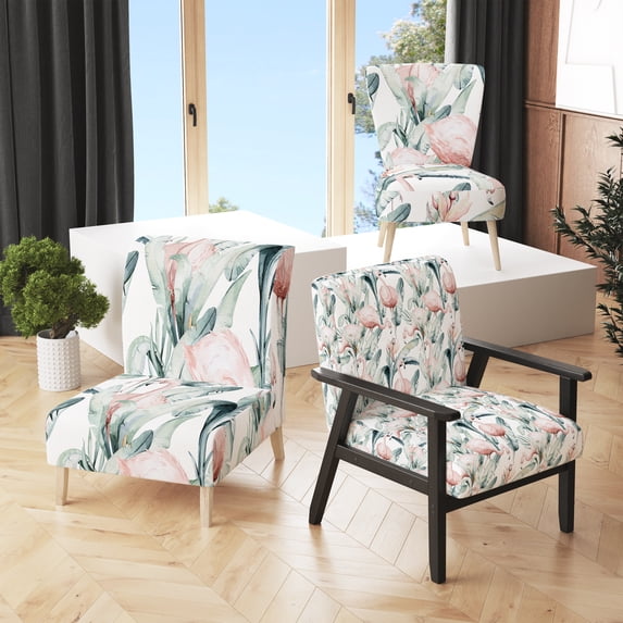 Designart "Set Flamingo On Leaves Foilage" Upholstered Patterned Accent Chair and Arm Chair