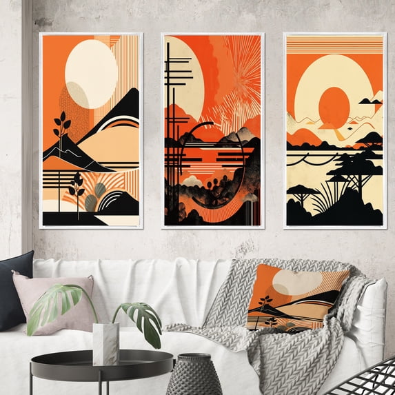 Designart "Setting Sun Atop the Mountain IV" Landscape Modern Framed Wall Art Set Of 3 - Orange Landscape Modern Frame Gallery Wall Set For Home Decor
