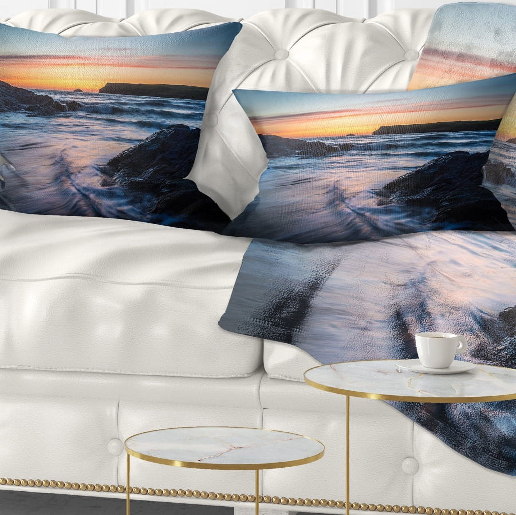 Designart Setting Sun at Polzeath Beach - Modern Seascape Throw Pillow - 12x20