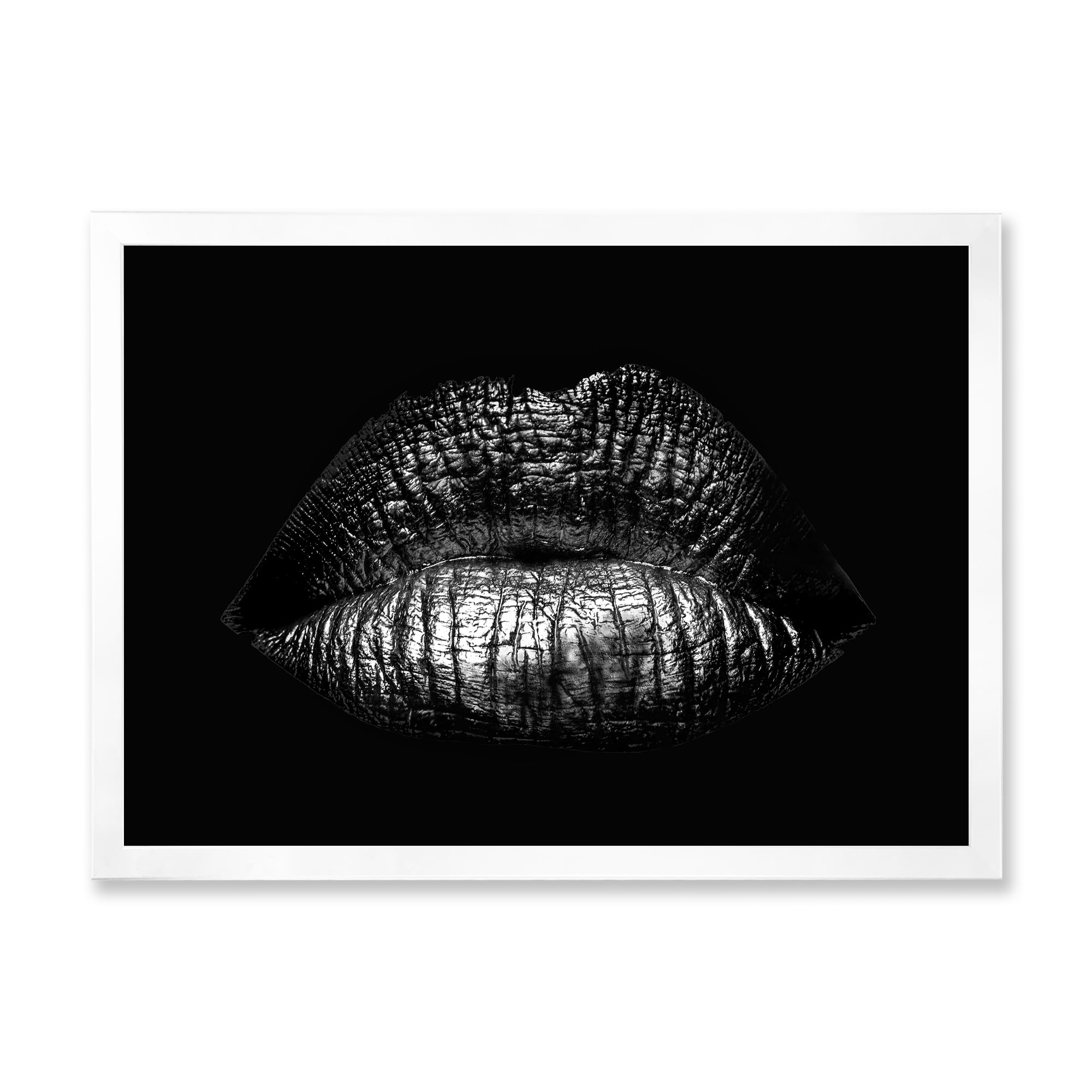 Designart 'Sexy Golden Metallized Woman Lips I' Modern Framed Art Print