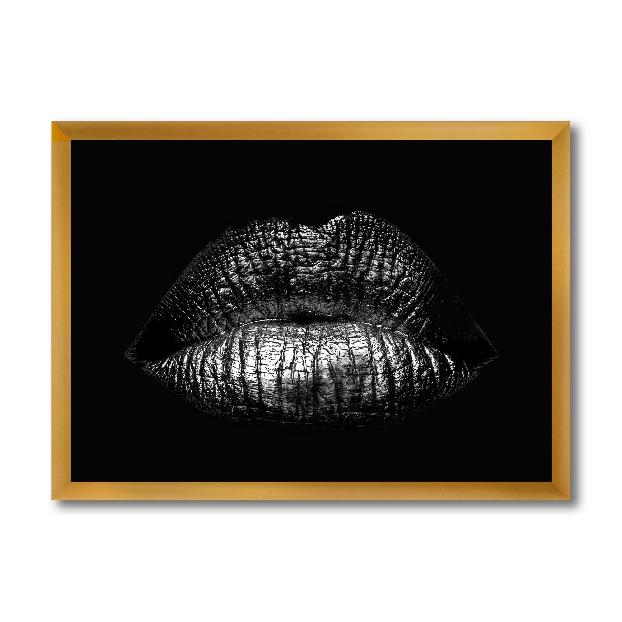 Designart 'Sexy Golden Metallized Woman Lips I' Modern Framed Art Print