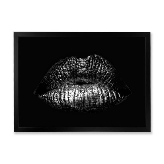 Designart 'Sexy Golden Metallized Woman Lips I' Modern Framed Art Print