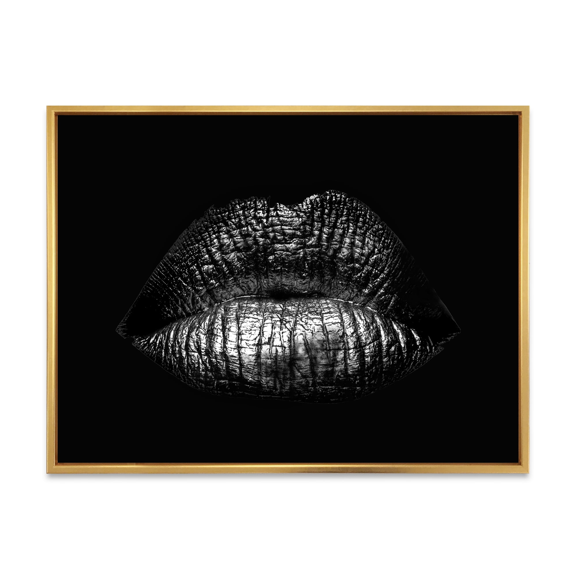 Designart 'Sexy Golden Metallized Woman Lips I' Modern Framed Canvas Wall Art Print